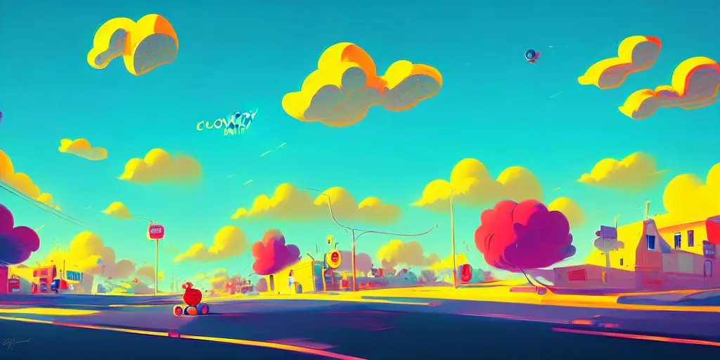 Prompt: curved perspective digital art of a clowdy summer small town street, curvy clouds, by anton fadeev