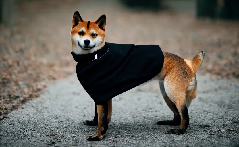 Prompt: a shiba inu wearing a a black turtle neck and wearing a black barret, bokeh, depth of feild, dslr photo