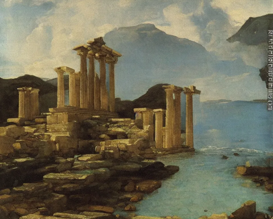 Prompt: an achingly beautiful oil painting of a partially submerged Greek temple by Raphael and Hopper.