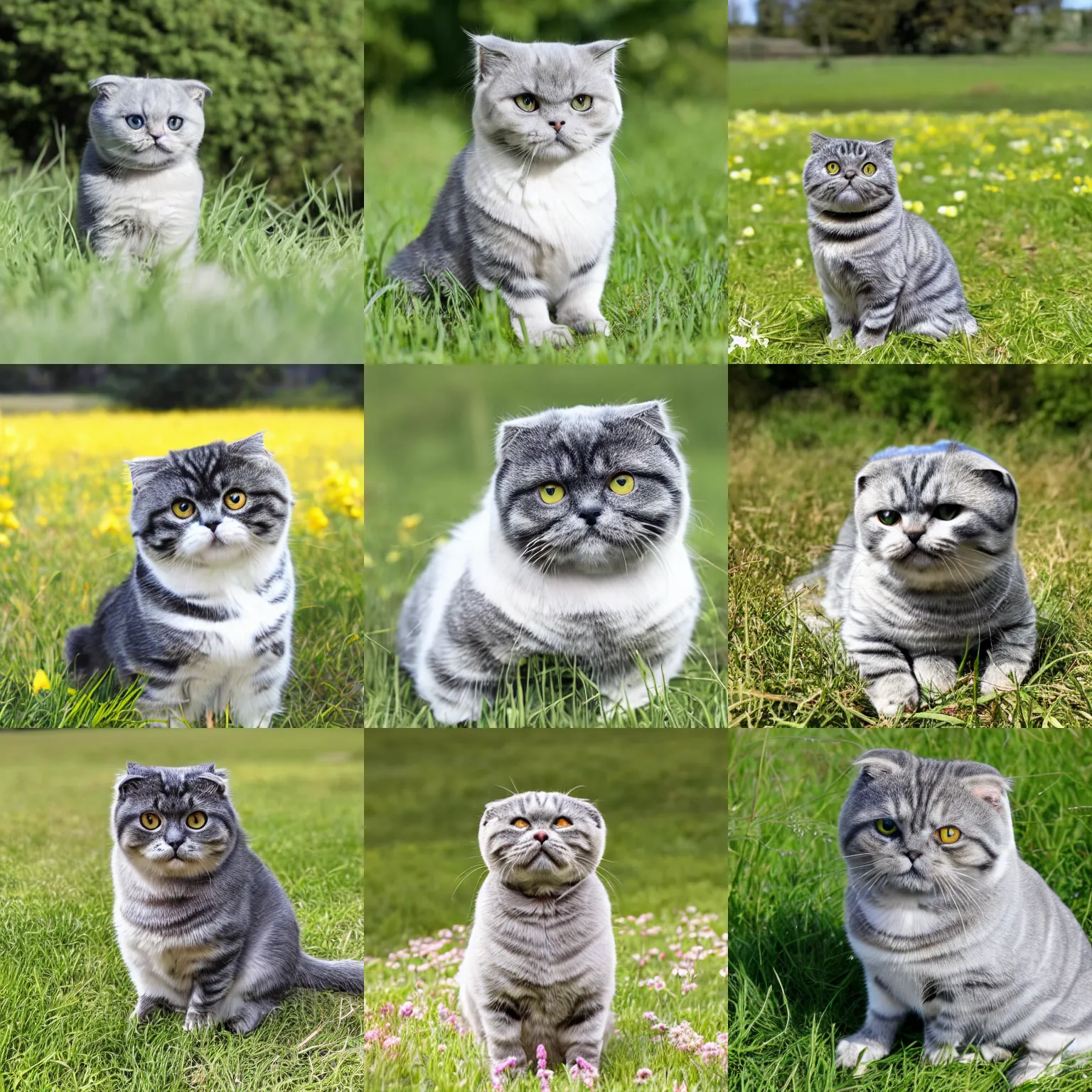 Prompt: nickel - colored scottish fold sitting in the middle of sunny meadow