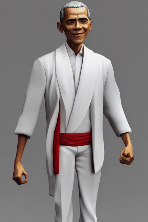 Image similar to full body 3d render of barack obama as an anime figurine, beautiful kimono, blender, trending on artstation, 8k, highly detailed, bokeh, depth of field