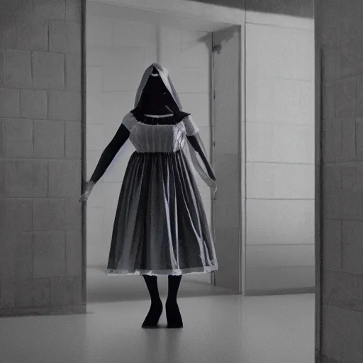 Image similar to SCP-049 wearing a french maid dress, security camera photo, 4k