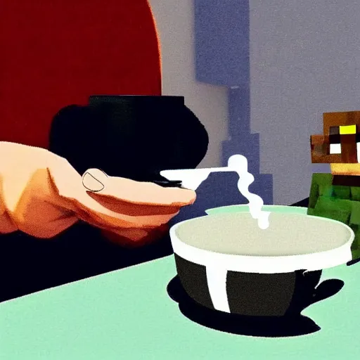 Image similar to minecraft steve holding a small china cup with steam coming out of tea, romanticism style, detailed facial proportions