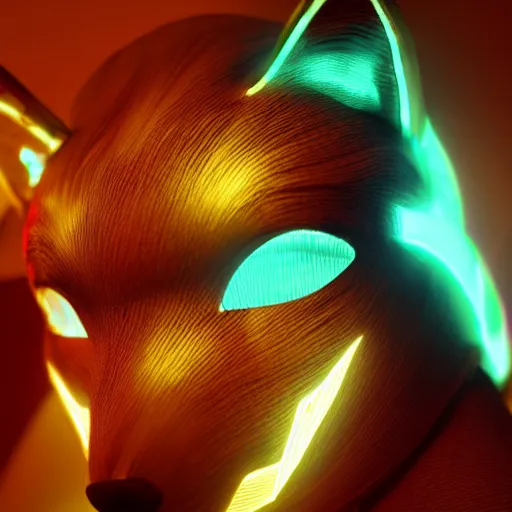 Image similar to a translucent complete holographic kitsune mask, intricate unreal engine 5 creation, movie still