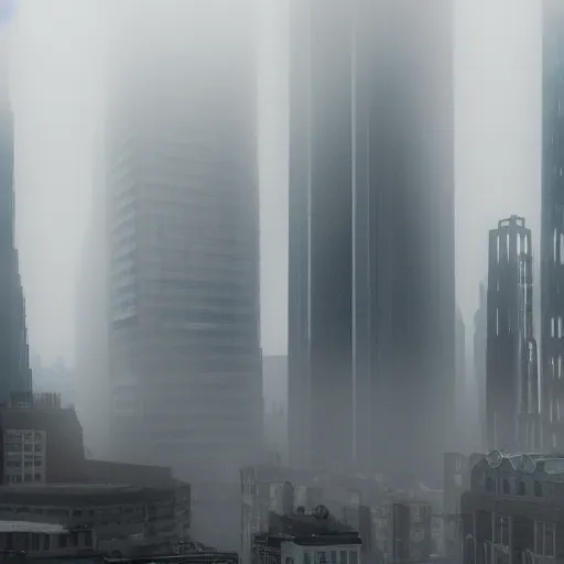 Prompt: a foggy city with tall buildings and a monster obscured by the fog moving between the buildings, found footage style, 8k, hyper realistic