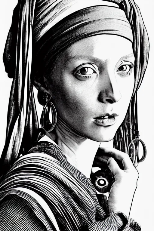 Image similar to beautiful portrait of a woman, negative no not the girl with a pearl earring, highly detailed ink illustration, b & w clean shaped illustration by kim jung gi, ric estrada, ron english and eiichiro oda