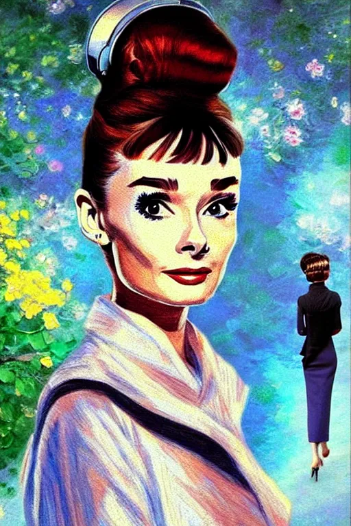 Image similar to impressionism painting of a d & d style retro sci - fi audrey hepburn beautiful face and wearing full detailed clothing