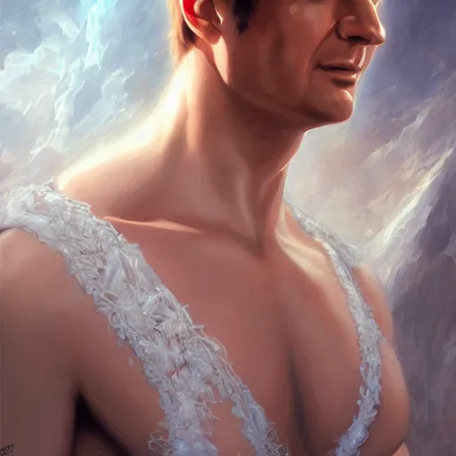 Image similar to nathan fillion, white lace clothing, gold accessories, elegant, highly detailed, digital painting, matte, sharp focus, art by artgerm, frank frzetta, boris vallejo, bouguereau, beksinski, cinematic