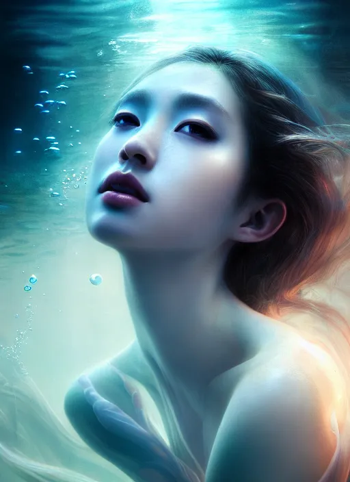 Image similar to an underwater photographic beauty portrait, cinematic, volumetric lighting, fantasy, intricate, elegant, highly detailed, digital painting, artstation, concept art, smooth, sharp focus, illustration, art by jingna zhang, ayami kojima, artgerm