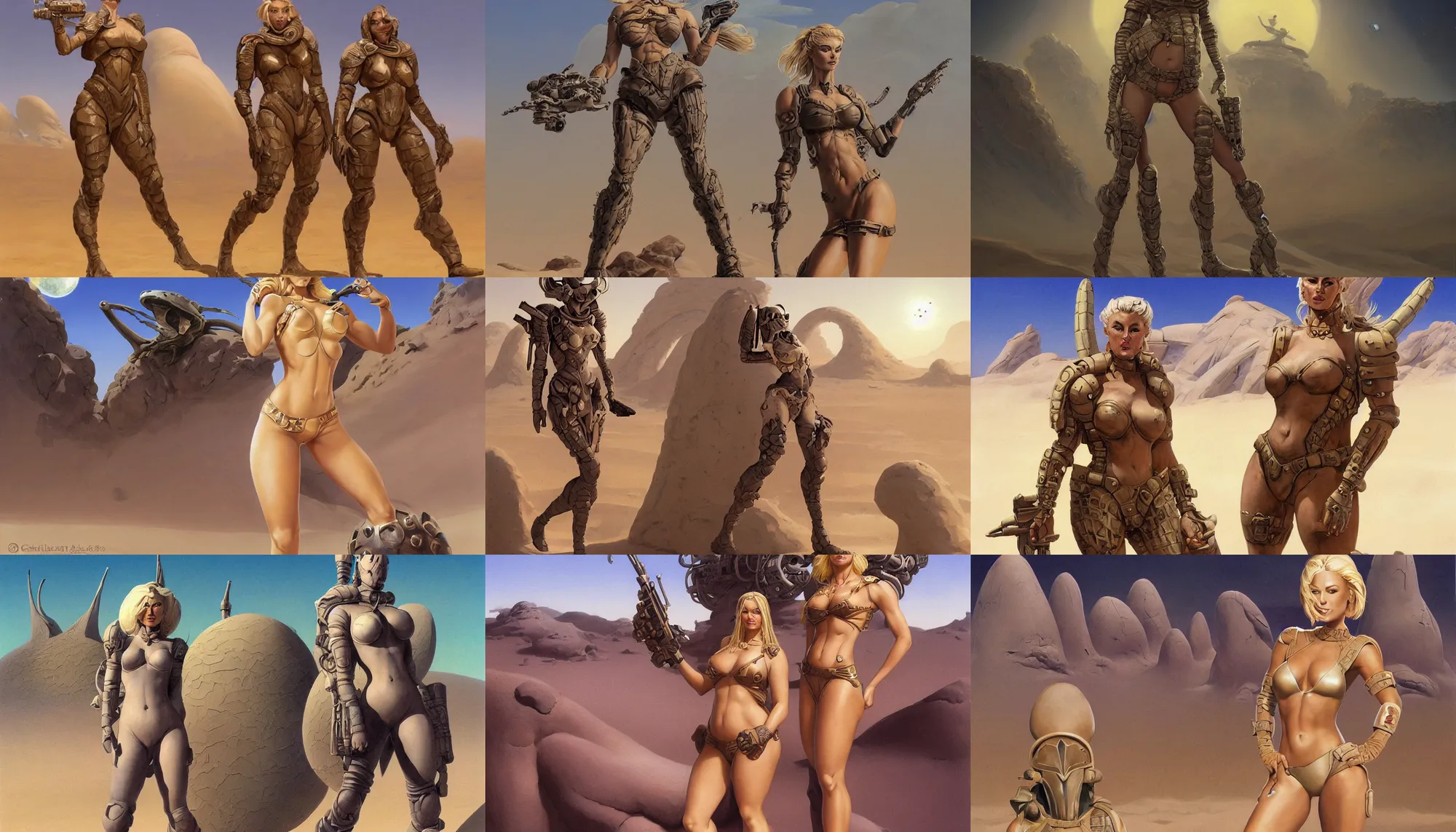 Prompt: A mixed media portrait painting of a beautiful blonde woman posing on a desert alien planet, soldier, curvy, Dune-style armored bikini and boots, detailed Aesthetic! face and eyes, slavic, by Boris Vallejo, Beeple, Frank Frazetta, Greg Rutkowski, Christian MacNevin, epic fantasy character art, high fantasy, CGsociety, 60's Sci-fi Pinup style, exquisite detail, post-processing, masterpiece, cinematic, crysis