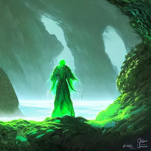 Image similar to a scary glowing green magical portal to another world in darwin's arch, ocean and rock landscape, d & d, fantasy, intricate, elegant, highly detailed, digital painting, artstation, concept art, matte, sharp focus, illustration, art by hayao miyazaki and hideo kojima