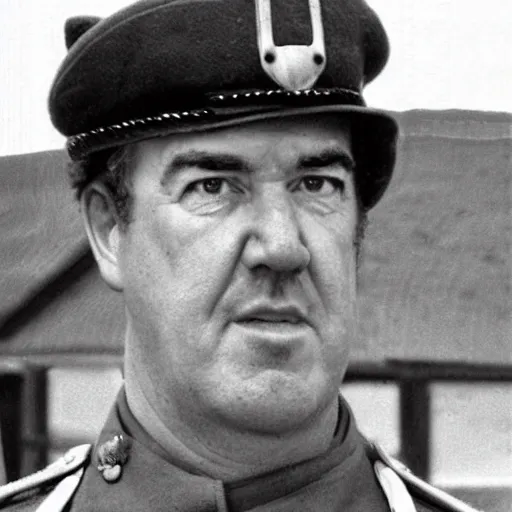 Image similar to Jeremy Clarkson as a soldier during WW2, grainy monochrome accurate photo