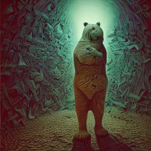 Image similar to oversized bear, freak show, surrealism, fractalism, strange, hyperdetailed, photorealistic, interesting, benoit b. mandelbrot, m. c. escher, patrick woodroffe, ernst fuchs, zdzisław beksinski, id magazine, octane, cinematic, hyperrealism, 8 k, depth of field, bokeh