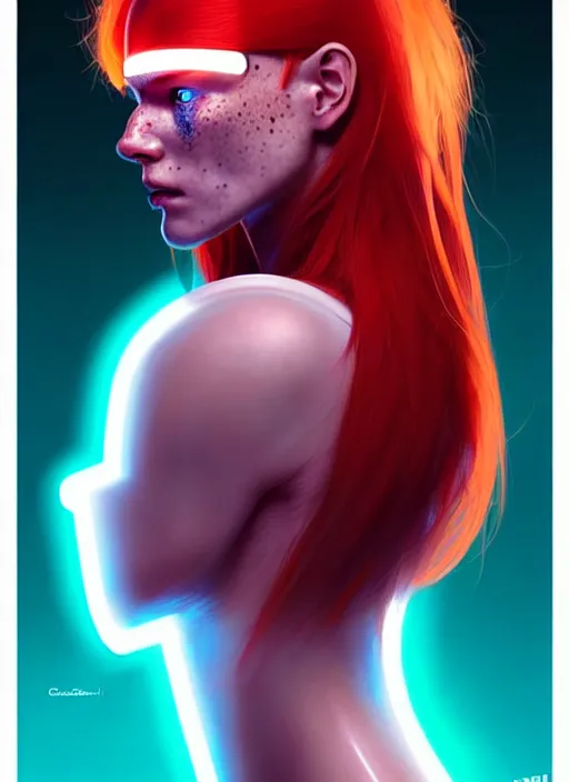 Image similar to a beautiful redhead scandinavian female humanoid with freckled cheek, cyber neon lighting, by loish, d & d, fantasy, futurism, cyberpunk fashion clothing, elegant profile posing, accurate anatomy, hyper photorealistic, digital photography, artstation, pinterest, concept art, art by pascal blanche and greg rutkowski,