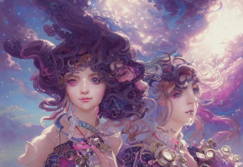 Image similar to close up picture of an maximalist dress magical girl, neat hair with bangs, smug face, extremely beautiful and aesthetic and detailed cute face and eyes, wipe out evils with cute astronaut familiar sprites, aming the magical beams to the camera, chiaroscuro, intricate, masterpiece, epic fantasy illustrations by peter mohrbacher and anato finnstark and jeremy lipking