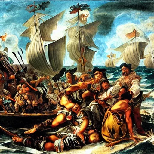 Prompt: painting of ruthless pirates in the Caribbean, Paolo Veronese style