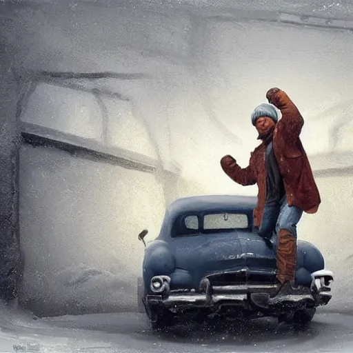 Prompt: concept art of rocky balboa lifting and old car in a barn, he wears a winter jacket and a beanie, matte painting, art concept, unreal engine, by aenaluck, artgerm and roberto ferri and greg rutkowski, blue and white tones, digital painting, artstation, concept art, smooth, sharp focus ilustration hq