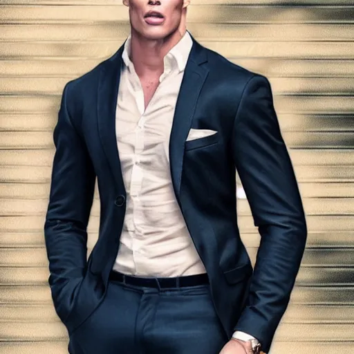 Image similar to muscular chad gigachad handsome jerma 9 8 5 with thick brunette hair, jerma 9 8 5 as a chad with thick brunette hair, strong jawline, good posture, and wearing a suit, realistic, hyperrealistic, 8 k resolution, highly detailed, very detailed, hd quality, intricate details, real, real life, real world