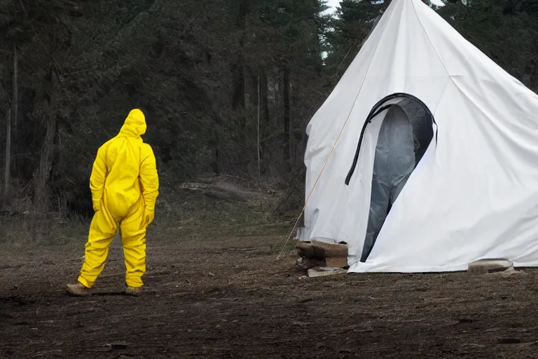 Image similar to man wearing hazmat suit in clean tent. by Roger Deakins