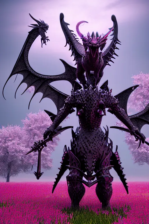 Image similar to high quality 3 d neo - gothic armored human dragon hybrid with sword in a field of pink flowers, highly detailed unreal engine, vitaly bulgarov dramatic dark teal light, ground angle hd 8 k, sharp focus