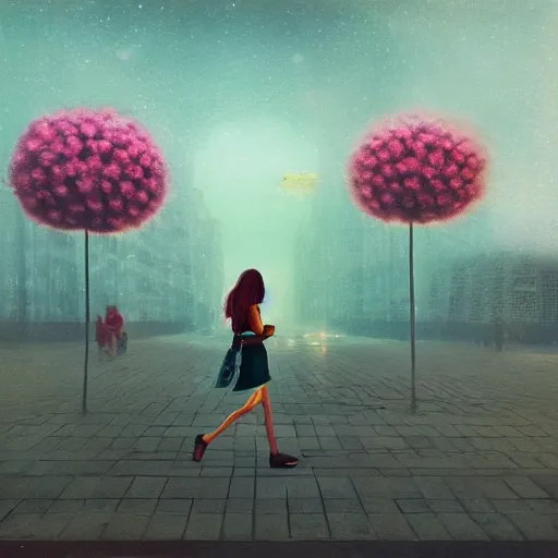 Image similar to giant daisy flower head, woman walking in a modern city, surreal photography, night sky, dark, stars, impressionist painting, digital painting, artstation, simon stalenhag