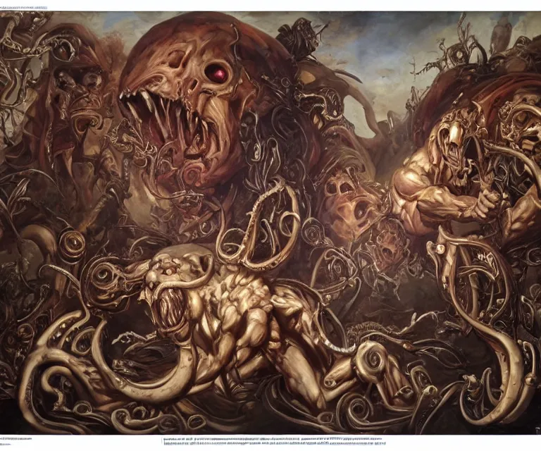 Image similar to elegant renaissance painting of biomechanical warhammer final boss bodybuilder vecna battle, art by alex ross and peter mohrbacher, epic biblical depiction, flesh and bones, fangs, teths and tentacles, corpses and shadows!