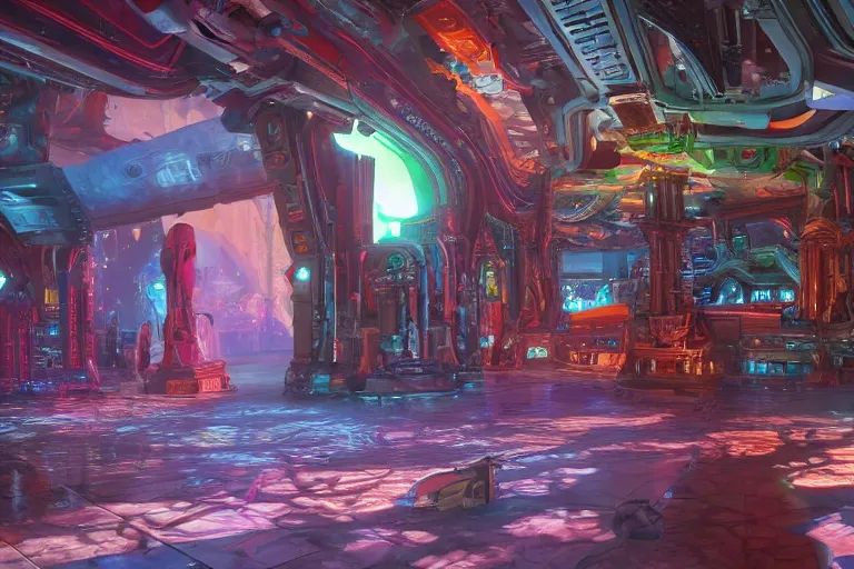 Image similar to a beautiful painting of an elaborate utopian sci - fi scene painted by hr giger and lisa frank, detailed, unreal engine, 4 k octane render, raytracing, volumetric lighting, epic, shadows,