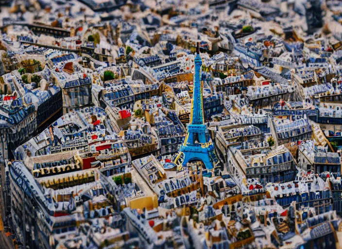 Image similar to tilt shift photo still of paris made of legos, studio lighting, 8 k, 1 6 mm f 1 6