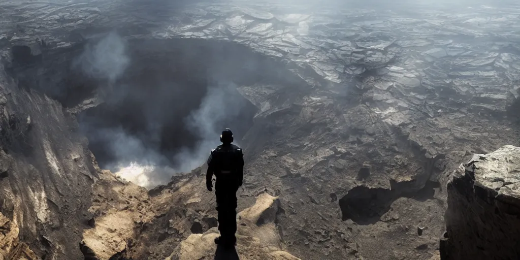 Prompt: a futuristic police an standing on a ledge, looking down at a massive crater, cinematic lighting, sci-fi movie still