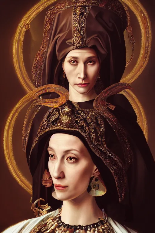Image similar to portrait, headshot, digital painting, of Mother Ayahuascaa as a 17th century, beautiful female Royal, dark hair, amber jewels, baroque, ornate clothing, scifi, futuristic, realistic, hyperdetailed, chiaroscuro, concept art, art by caravaggio