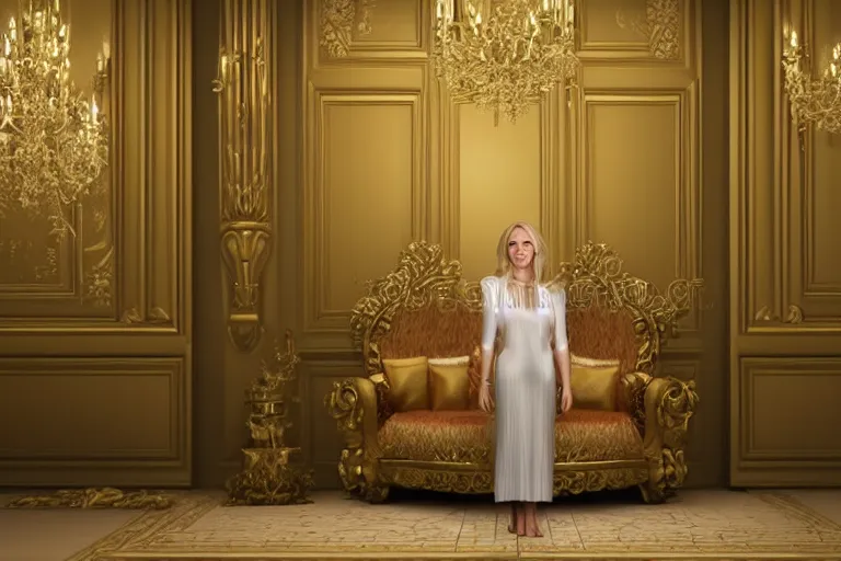 Image similar to beautiful blonde woman standing in throne room, octane render, hyper realism