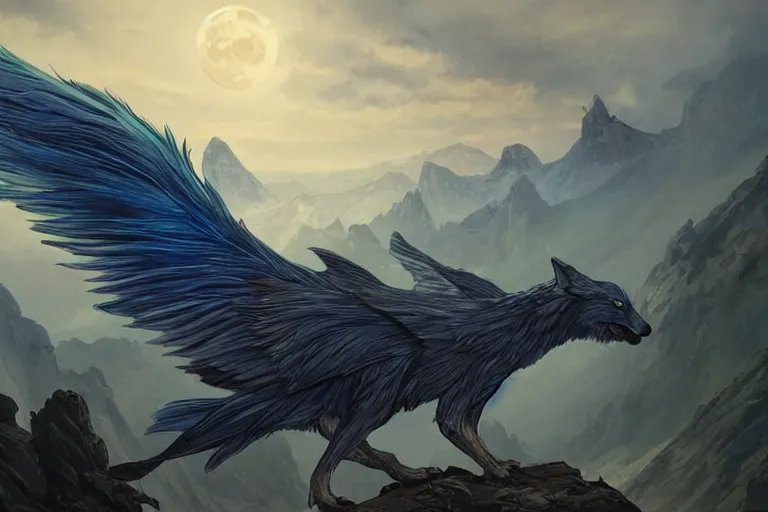 Image similar to Blue feathered wolf with wings on a beautiful fantasy landscape, hills, mountains, moonlit, HD, illustration, epic, D&D, fantasy, intricate, elegant, highly detailed, digital painting, artstation, concept art, smooth, sharp focus, illustration, wallpaper, art by artgerm and greg rutkowski and alphonse mucha and jin xiaodi