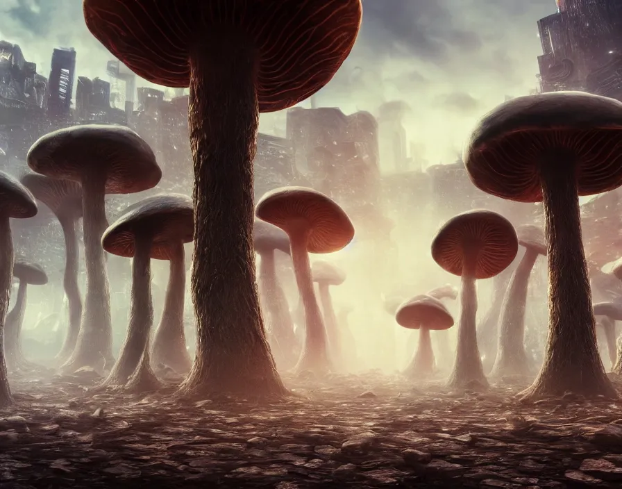 Image similar to trippy giant eldritch mushrooms in city, realistic, beautiful texture, beautiful graphics, fantasy artwork, very beautiful scenery, hd, hdr, ue 5, ue 6, unreal engine 5, cinematic 4 k wallpaper, 8 k, ultra detailed