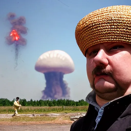 Image similar to a funny, intimidated ukrainian with a chub on his head in a vyshvanka is jumping trying to dodge napalm on the ground from a nuclear mushroom in the background