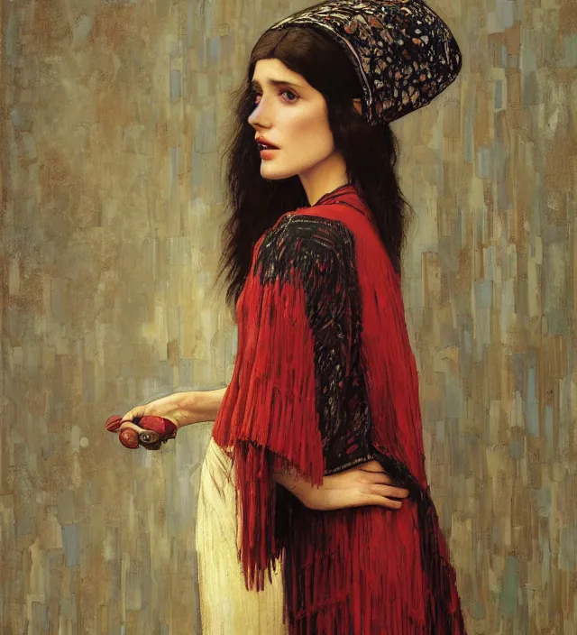 Image similar to portrait of fashionable young woman wearing rich jewerly hat and boho poncho into concrete hitech interior, eva green and Gemma Arterton, red light, dark make up on her face sitting dynamic pose, Low poly, thunder clouds in the sky, artwork by john william waterhouse and Denis Sarazhin and klimt and rhads and van gogh and Dean Ellis and Detmold Charles Maurice, levitation, industrial rusty pipes, simple form, brutal shapes