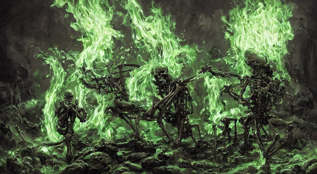 Image similar to A highly detailed oil painting by Greg Rutkowski of a skeleton wearing black robes making a potion in a huge bubbling cauldron glowing bright green, with lots of fire coming from it, highly detailed fantasy concept artwork, very realistic, green and black color scheme, graffiti.