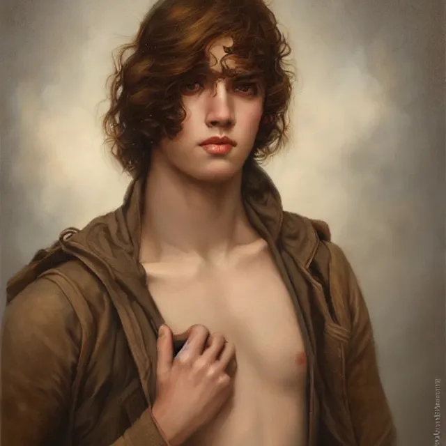 Image similar to a portrait of a content young man with short brown hair, art by tom bagshaw and manuel sanjulian