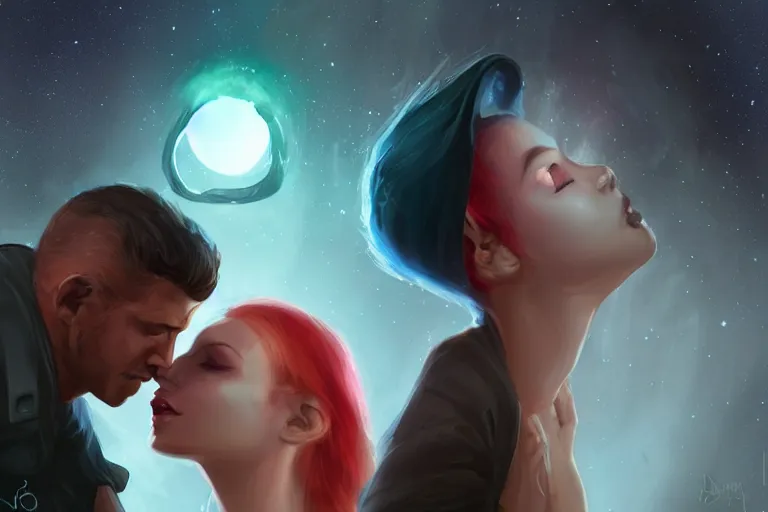 Image similar to an alien woman kisses a man by charlie bowater, sci - fi, color vibe, reimagined by industrial light and magic