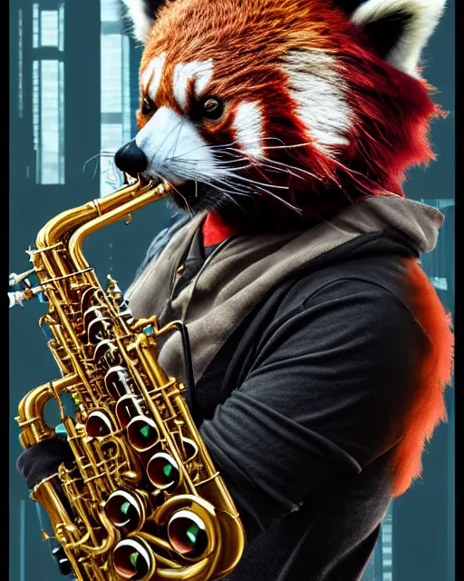 Image similar to a portrait of an anthropomorphic cyberpunk single red panda playing a saxophone by sandra chevrier, by jon foster, detailed render, tape deck, epic composition, cybernetics, 4 k realistic, cryengine, realistic shaded lighting, sharp focus, masterpiece, by enki bilal