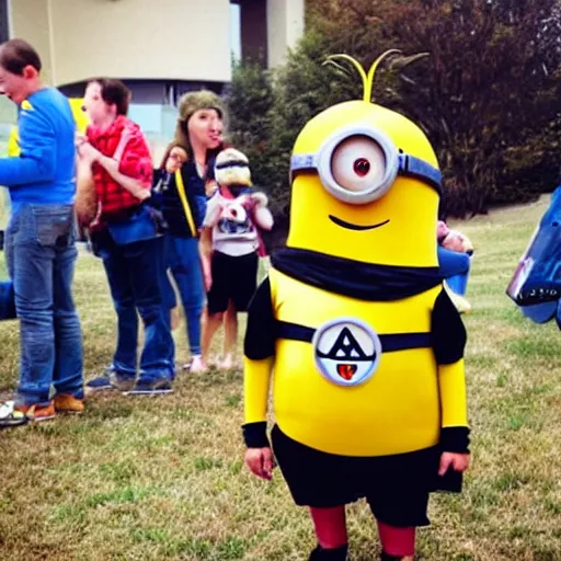 Prompt: a disposable camera photo of a kid dressed up as a minion for halloween