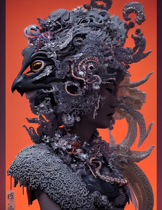 Image similar to 3 d goddess of hell close - up profile portrait with ram skull. beautiful intricately detailed japanese crow kitsune mask and clasical japanese kimono. betta fish, jellyfish phoenix, bio luminescent, plasma, ice, water, wind, creature, artwork by tooth wu and wlop and beeple and greg rutkowski