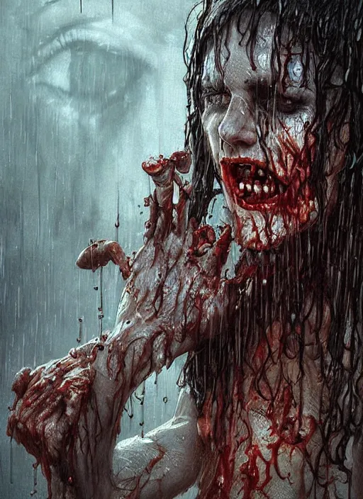 Prompt: digital painting of a wet zombie in the rain by filipe pagliuso and justin gerard, fantasy, highly detailed, realistic, intricate, glowing eyes