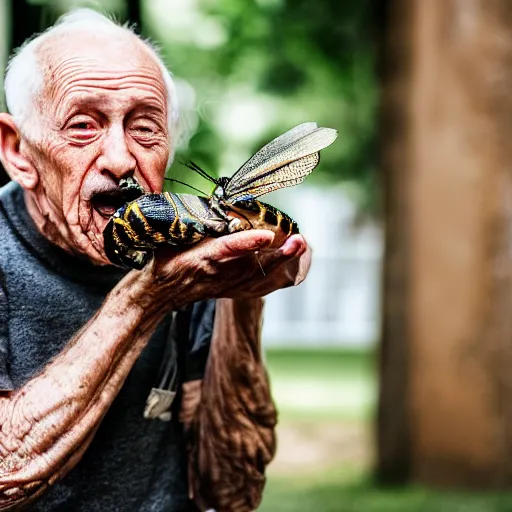 Prompt: an elderly man eating a giant bug, canon eos r 3, f / 1. 4, iso 2 0 0, 1 / 1 6 0 s, 8 k, raw, unedited, symmetrical balance, in - frame