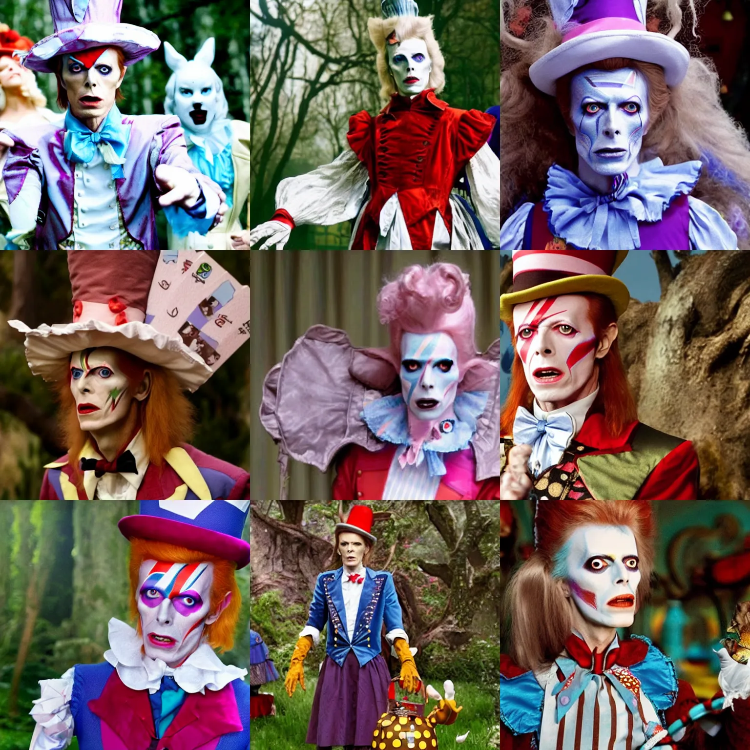 Prompt: a still photo of David Bowie as Alice in the film Alice in Wonderland (2010)