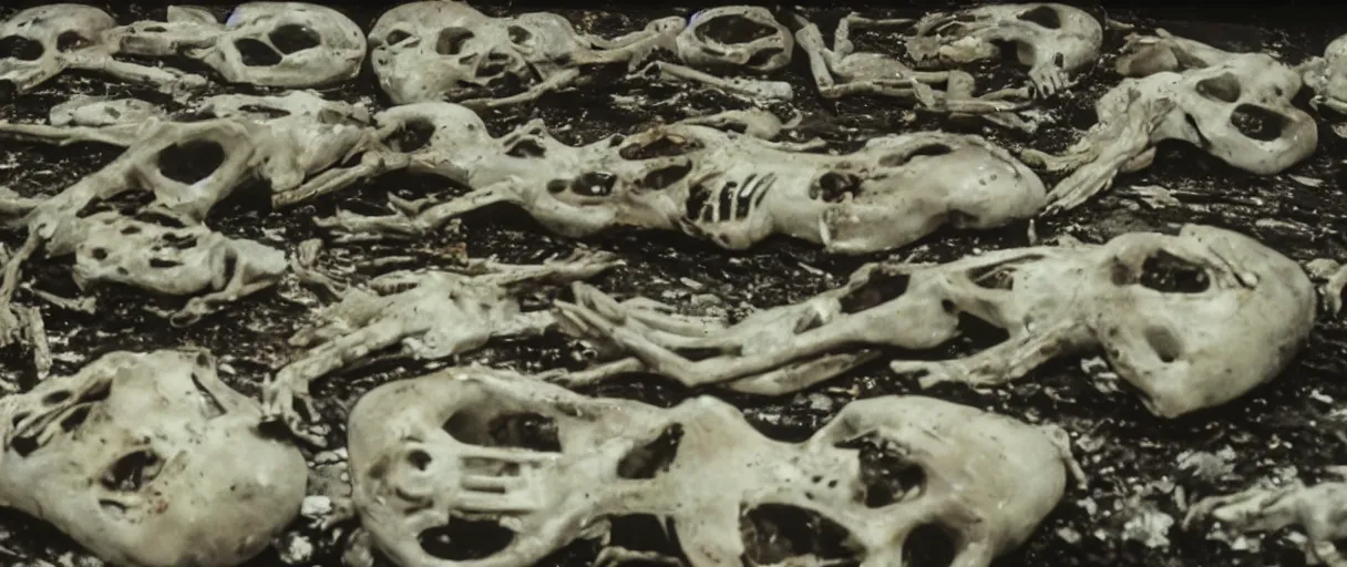 Image similar to filmic closeup dutch angle movie still 4k UHD 35mm film color photograph of a dozen burnt corpses with frozen pained expressions, on the floor of a a science lab , in the style of a 1980s horror film