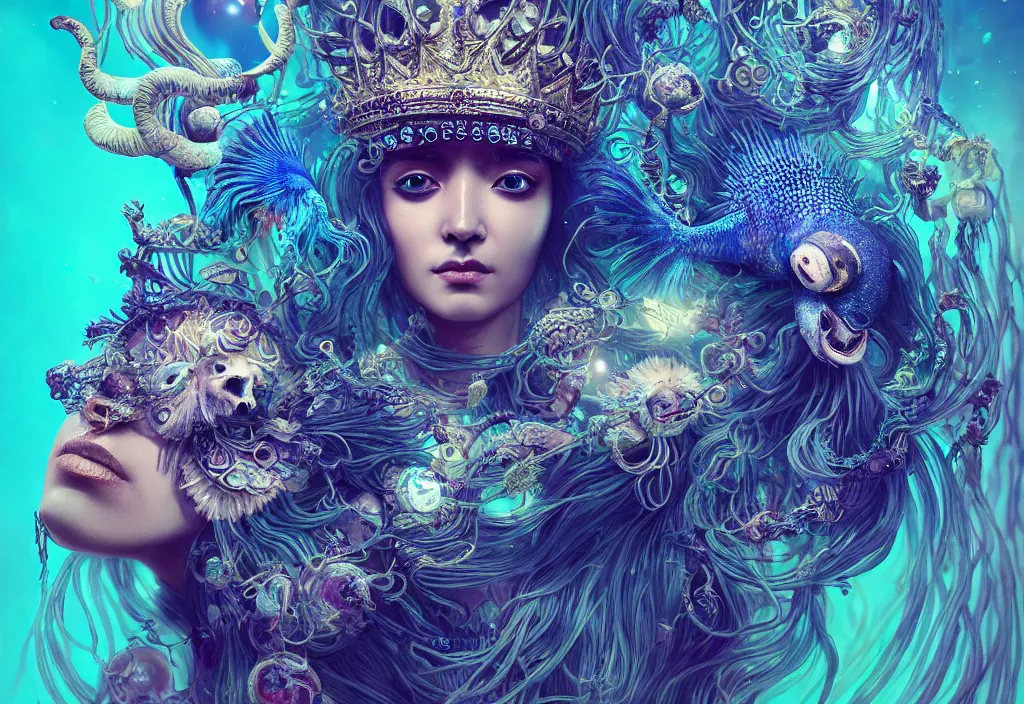 Prompt: isis goddess macro close - up portrait with crown made of ram skull + betta fish + jellyfish, bioluminiscent, plasma, wind, creature, super intricate ornaments artwork by tooth wu and wlop and beeple and greg rutkowski
