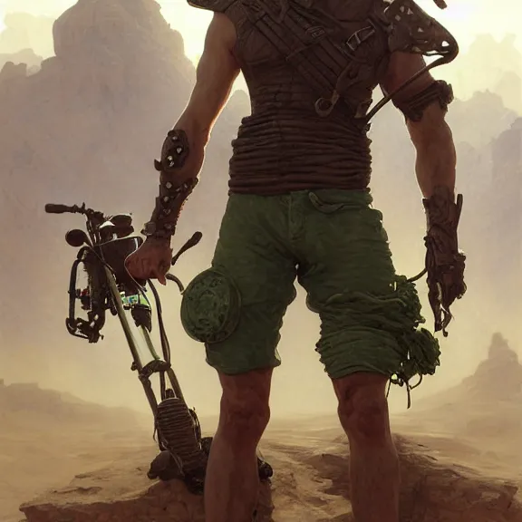 Prompt: male bald muscular madmax biker, desert background, digital painting, green light, detailed, highly detailed, smooth, sharp focus, illustration by ruan jia and mandy jurgens and william - adolphe bouguereau, artgerm