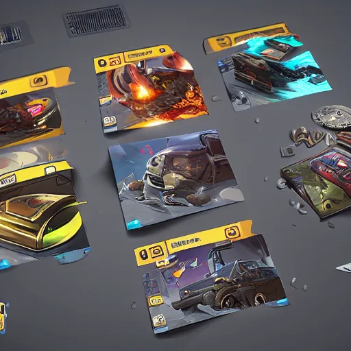 Image similar to car engine car parts concept art, cards, comic page, realistic fortnite, ui cards