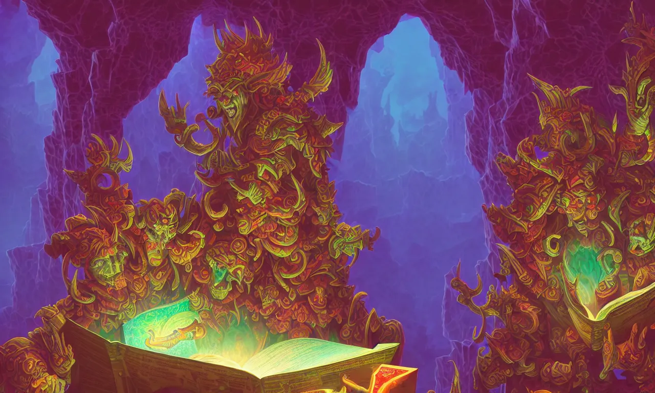 Image similar to large kerberos realm, wizard issues ticket close up, reading a directory, colorful ravine, 3 d art, digital illustration, perfect lighting