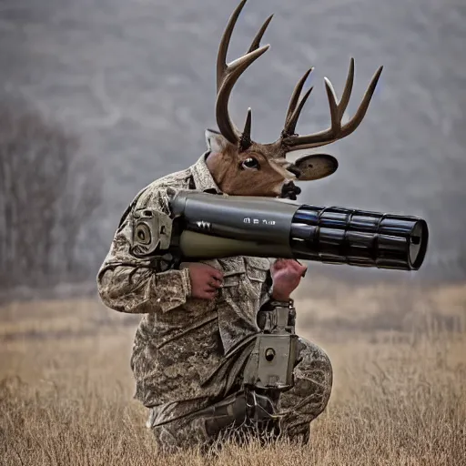 Image similar to a rocket launcher explosive deer military animal beast, huge, powerful, rocket, launcher, scary, anger, rage, canon eos c 3 0 0, ƒ 1. 8, 3 5 mm